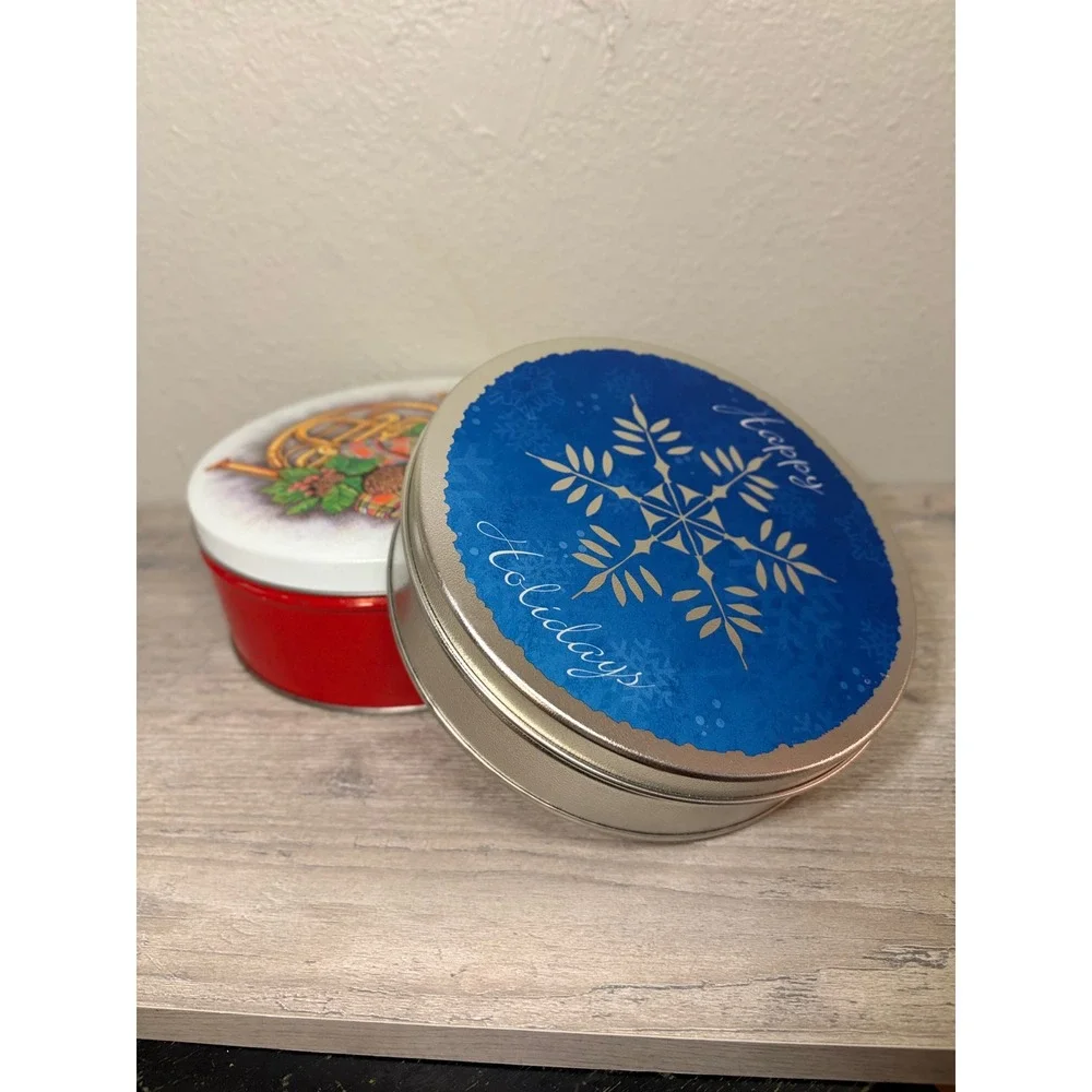 Vintage Holiday Cookie Tins Set of 2 Figis French Horn & Wheelers Snowflake Blue